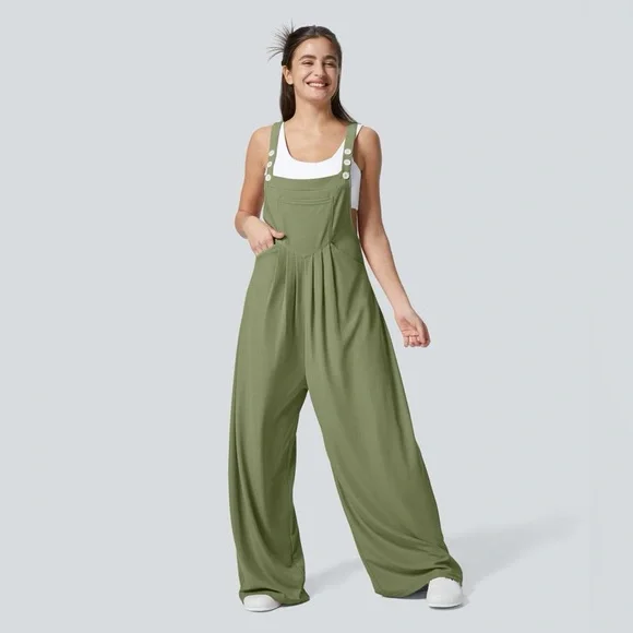 Halara Adjustable Strap Button Multiple Pockets Waffle Casual Overalls Green - Picture 8 of 10